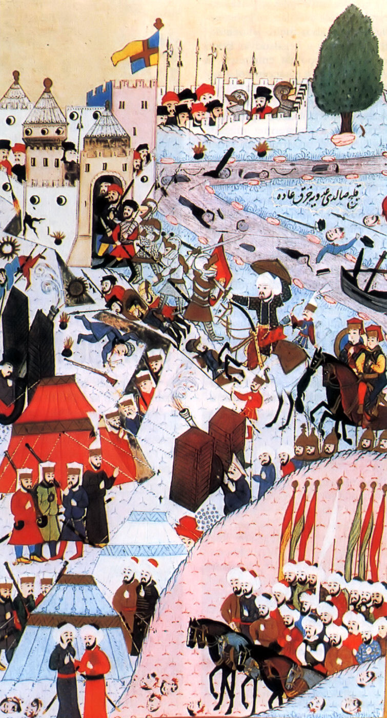 II Mehmed támadása Nándorfehérvár ellen egy török miniatúrán A kép középpontjában a szultán harcol Lent a török sereg elvonul a vár alól Kép forrása A magyarok krónikája