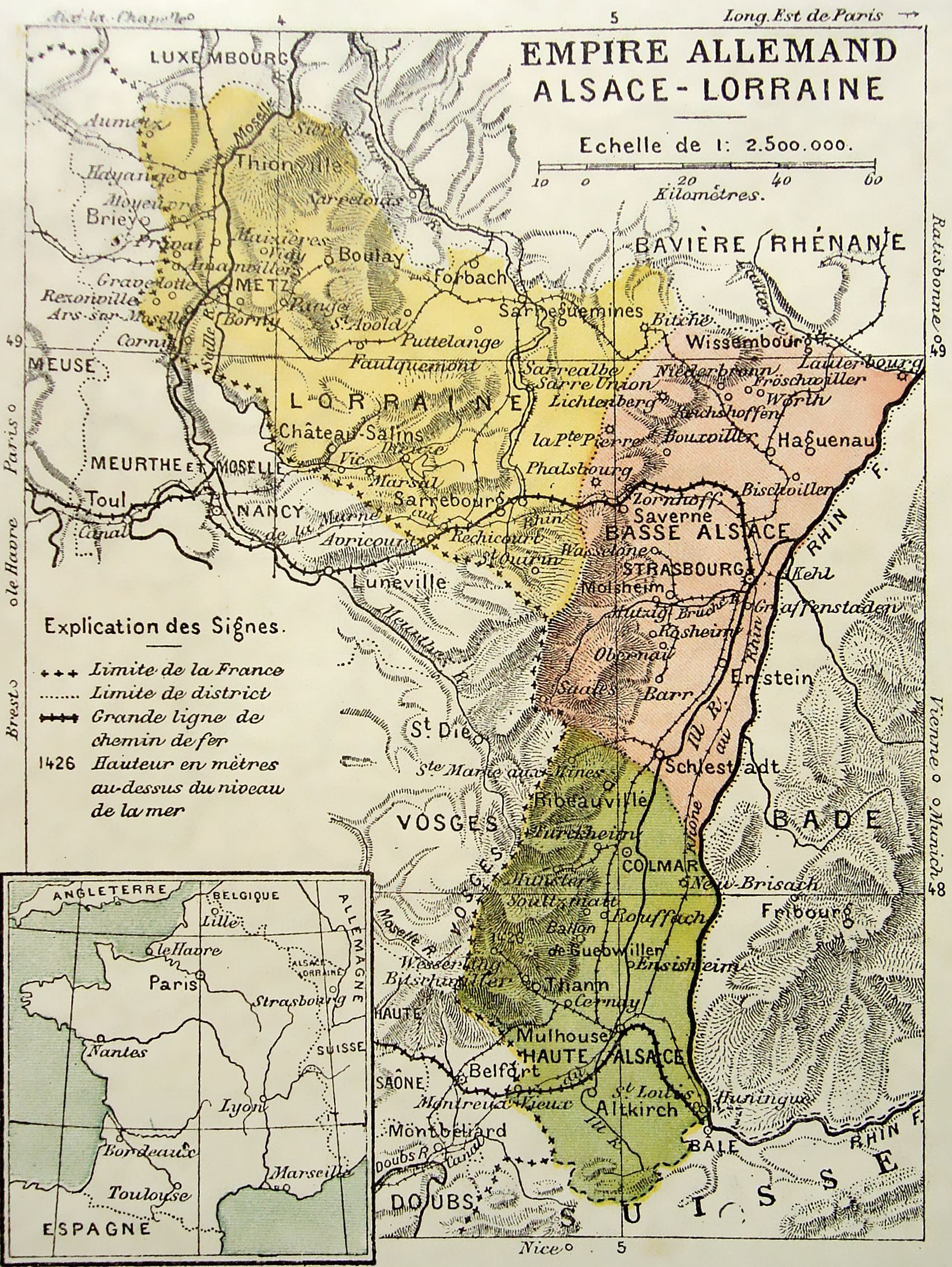 Map in French of the Imperial territory of Alsace Lorraine part of the German Empire 1871 1918