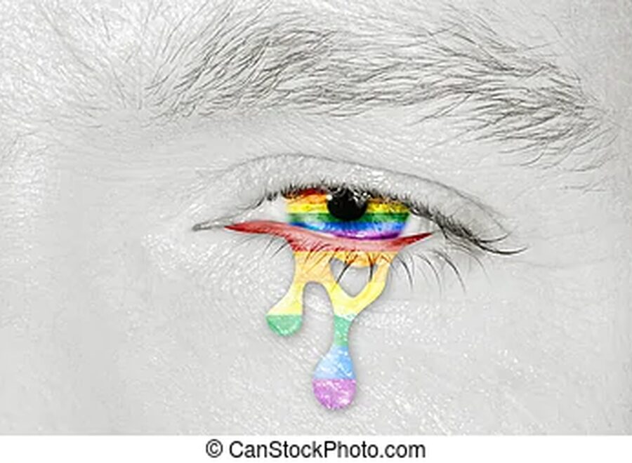 Crying rainbow eye with rainbow flag iris on black and white face concept of sadness and pain for picture csp43188010