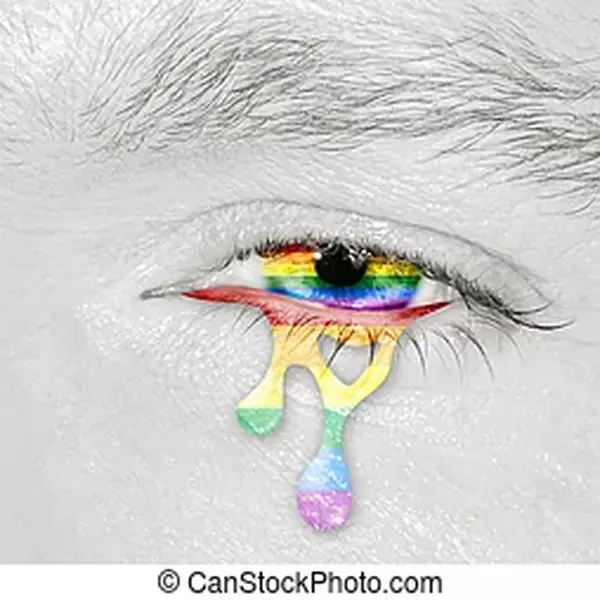 Crying rainbow eye with rainbow flag iris on black and white face concept of sadness and pain for picture csp43188010