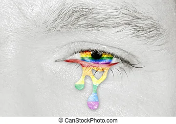 Crying rainbow eye with rainbow flag iris on black and white face concept of sadness and pain for picture csp43188010