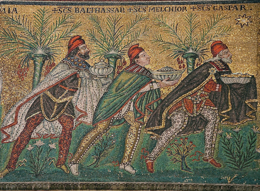 The Three Magi Balthasar Melchior and Gaspar from a late 6th century mosaic at the Basilica of Sant Apollinare Nuovo in Ravenna Italy