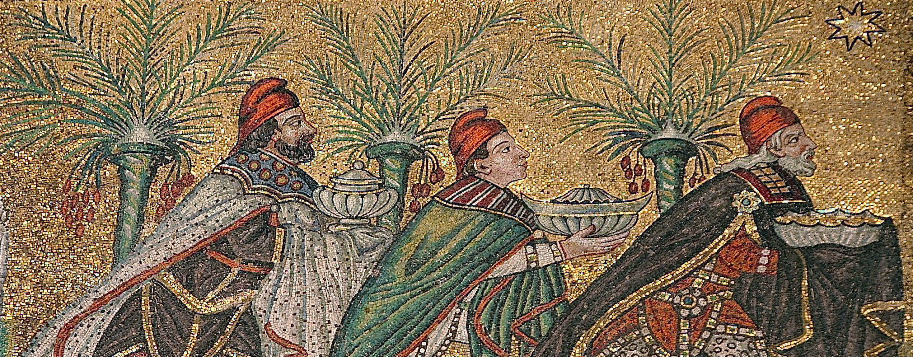 The Three Magi Balthasar Melchior and Gaspar from a late 6th century mosaic at the Basilica of Sant Apollinare Nuovo in Ravenna Italy