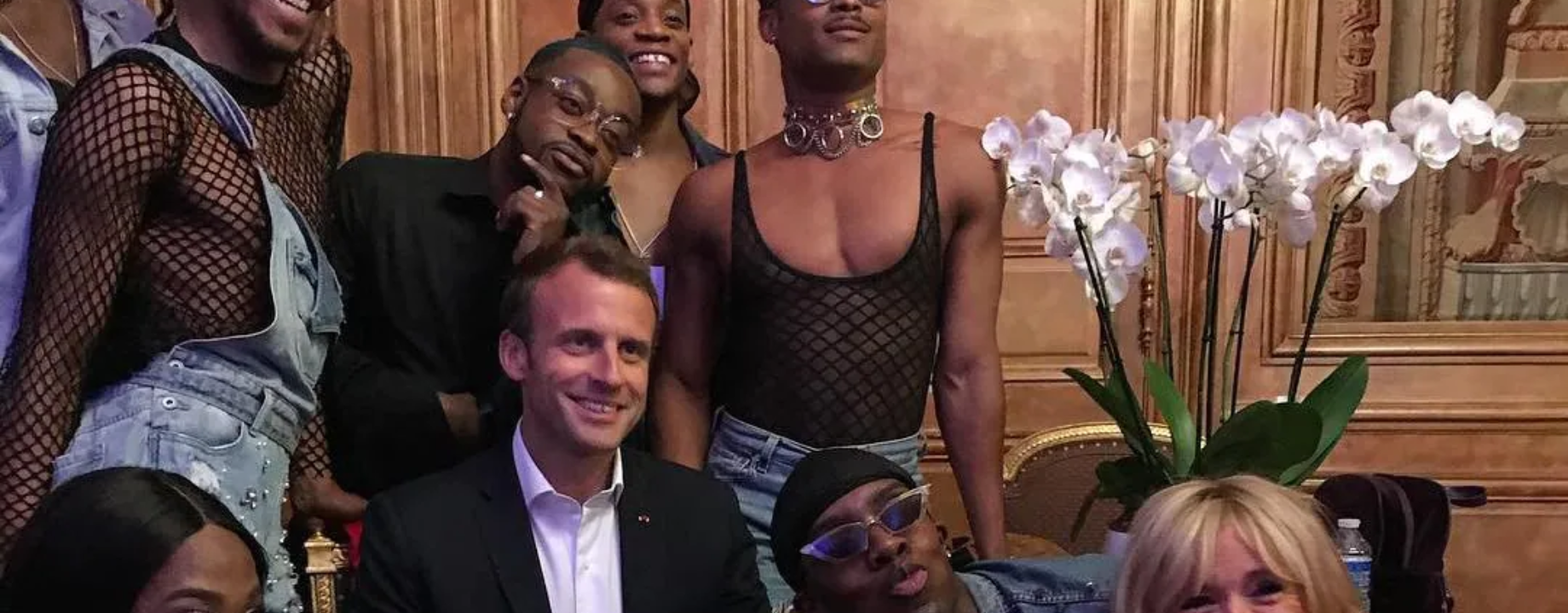 Emmanuel Macron and his wife Christine pose with LGBT dancers during an electronic music party provoking outrage among Frances Rightwingers Credit Pierre Olivier Costa via Instagram