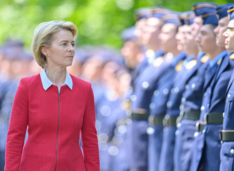 Ursula von der Leyen CDU Federal Minister of Defence walks past the recruits at the Hambach Castle during the solemn vow 1