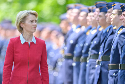Ursula von der Leyen CDU Federal Minister of Defence walks past the recruits at the Hambach Castle during the solemn vow 1