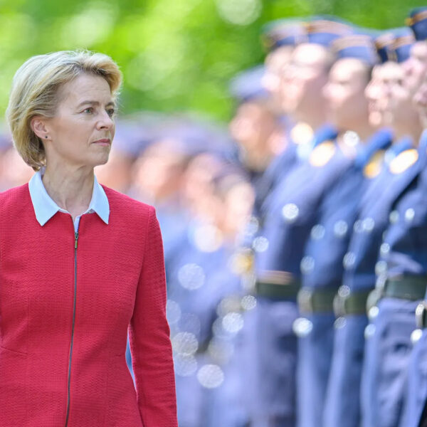 Ursula von der Leyen CDU Federal Minister of Defence walks past the recruits at the Hambach Castle during the solemn vow 1